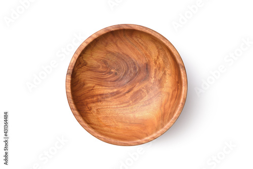 Flat lay of Empty natural wooden bowl isolated on white background. clipping path.