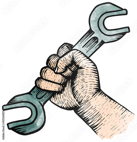 Hand holding spanner wrench watercolor vector illustration
