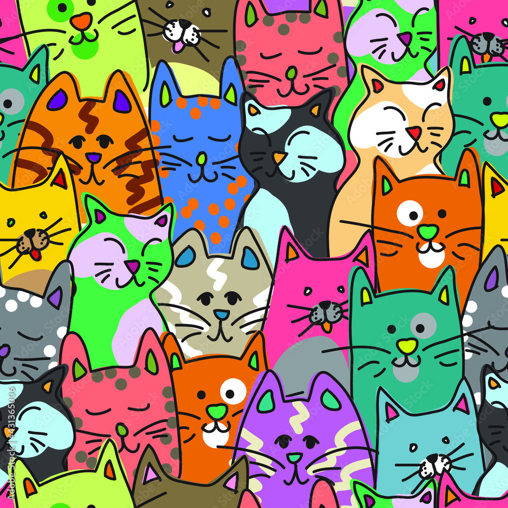 seamless pattern with funny colorful doodle cats seamless pattern with funny colorful doodle cats