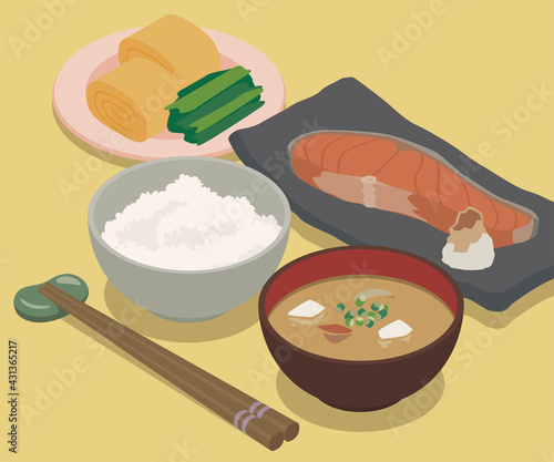 日本の豪華な朝食のアイソメトリックイラスト素材