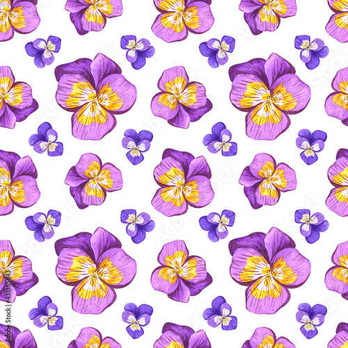 Watercolor seamless pattern with purple and blue pansy flowers on white background.Hand drawn botanical design.Pansies texture fro home textile,bed linen,clothes design,prints and wrapping paper