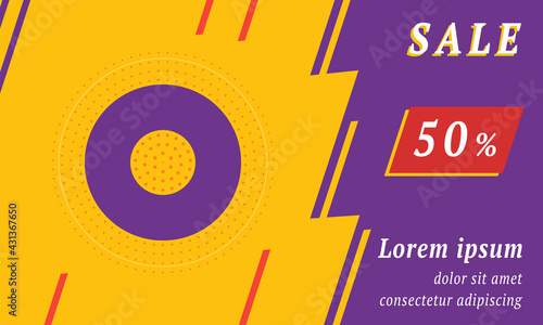 Sale promotion banner with place for your text. On the left is the record media symbol. Promotional text with discount percentage on the right side. Vector illustration on yellow background
