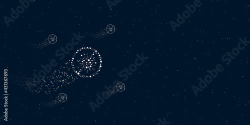 A stop coronavirus symbol filled with dots flies through the stars leaving a trail behind. There are four small symbols around. Vector illustration on dark blue background with stars