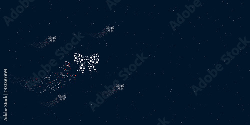 A bow symbol filled with dots flies through the stars leaving a trail behind. Four small symbols around. Empty space for text on the right. Vector illustration on dark blue background with stars