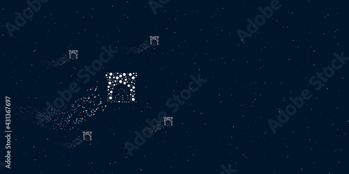 A christmas fireplace symbol filled with dots flies through the stars leaving a trail behind. There are four small symbols around. Vector illustration on dark blue background with stars