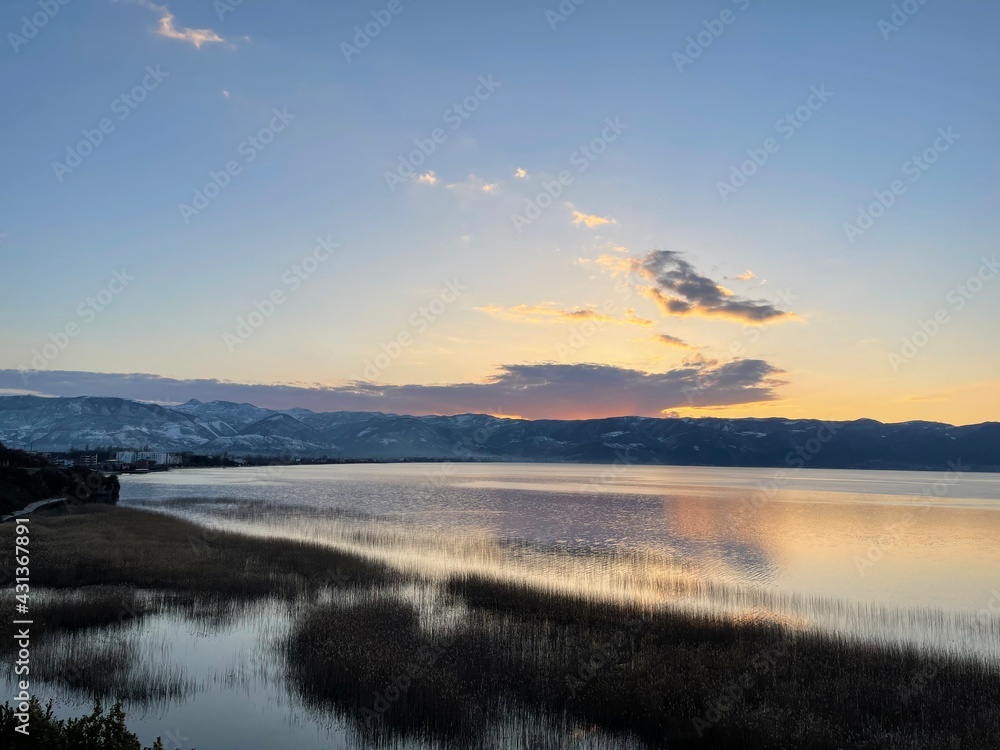 winter sunset over Pogradec, Albania, lake Ohrid, open sky