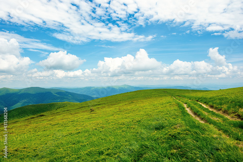 country road through alpine meadow of carpathian mountain. beautiful nature landscape in summer. scenery with open view in to the distant ridge and valley. wonderful sky with clouds above the horizon