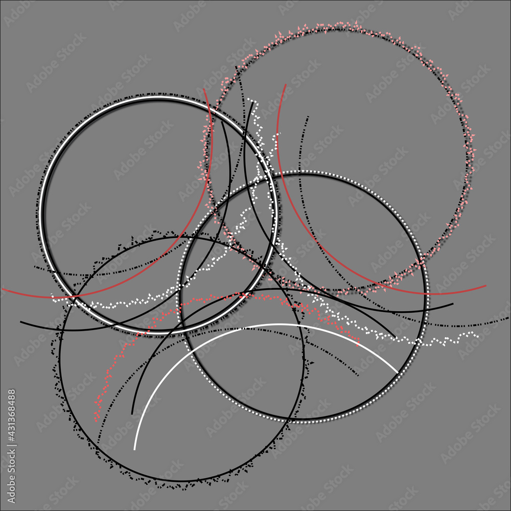 Abstract illustration featuring embellished black, white and pink circles and curves, on a gray background Abstract illustration featuring embellished black, white and pink circles and curves, on a gray background