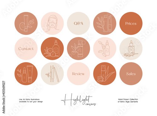Set of hand drawn line art boho style vector illustrations. Vector set design templates icons and emblems - social media instagram story highlight.