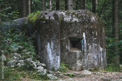 Old abandoned concrete bunker in the forest. Mossy wartime relict fortification pillbox with little window.