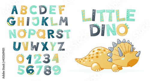 Cartoon cute Dinosaur alphabet. Dino font with letters and numbers. Children Vector illustration for t-shirts, cards, posters, birthday party events, paper design, kids and nursery design