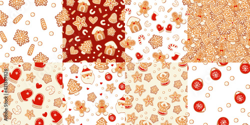 Christmas gingerbread vector seamless patterns set. Winter characters in cartoon style. Holiday design background. New year scandinavian style.