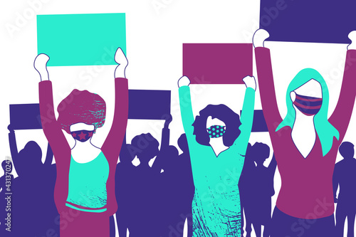 Crowd of protesters people wearing stylish medical masks vector illustration. People with banners and placards. Concept of revolution or protest, diversity, women's power. 