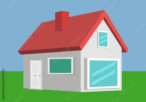 Casa, vivienda, hogar, residencia, inmueble con el cielo azul y la hierba verde de fondo