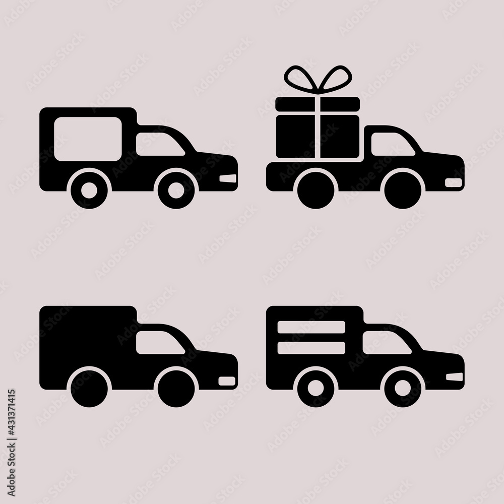 Cars set icons. Van pickup truck delivery black icons. Car with gift in back Cars set icons. Van pickup truck delivery black icons. Car with gift in back