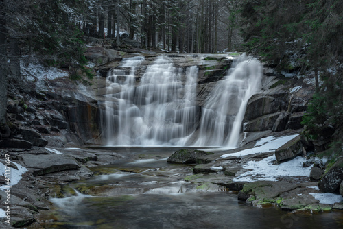 Cold morning with Mumlavske waterfalls near Harrachov town in Krkonose mountains