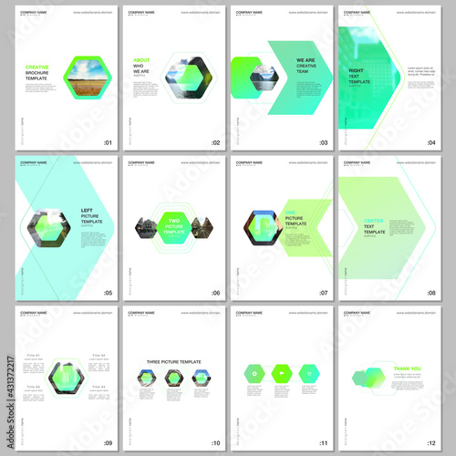 Creative brochure templates with colorful hexagonal design background, hexagon style pattern. Covers design templates for flyer, leaflet, brochure, report, presentation, advertising, magazine.