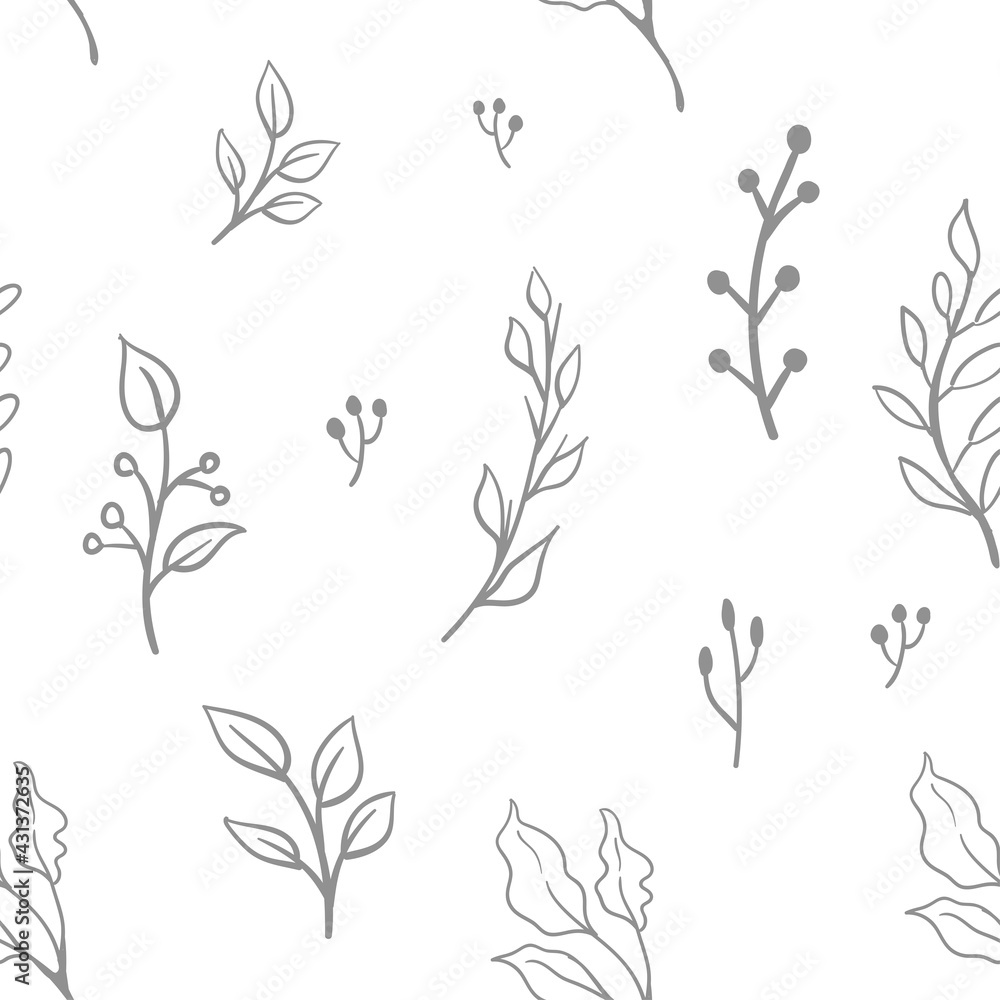 Fototapeta premium Floral doodle elements seamless texture. Hand drawn decorative leaves and wreaths texture background. Tree branches with leaf illustrations.