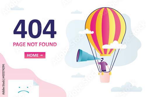404 error, page not found, landing page template. Funny man is flying in hot air balloon. Male character looking through large spyglass.