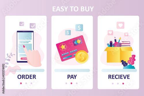 Process of buying products in stages. Online shopping and e-commerce. Mobile app onboarding screens