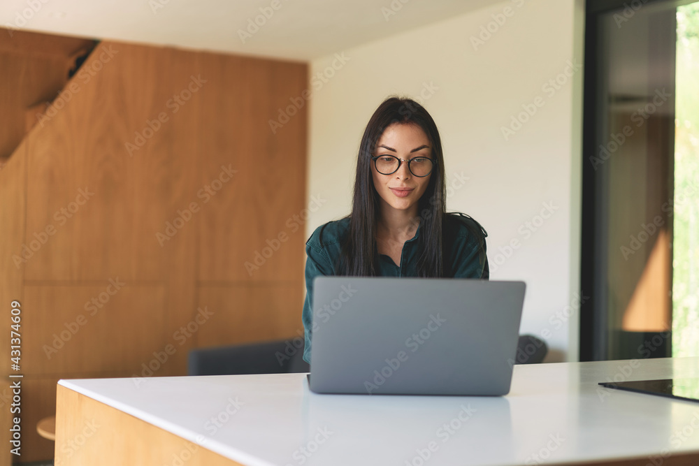 Front view of business woman working from home with laptop Front view of business woman working from home with laptop