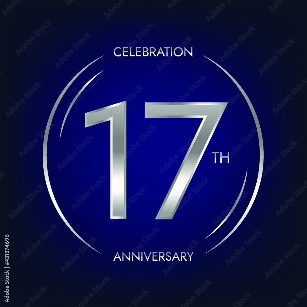 17th anniversary. Seventeen years birthday celebration banner in silver color. Circular logo with elegant number design. 17th anniversary. Seventeen years birthday celebration banner in silver color. Circular logo with elegant number design.