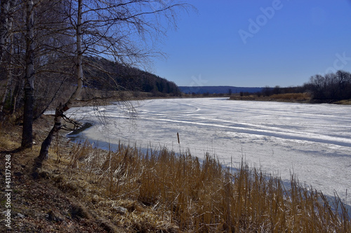 Spring on the shore of a frozen lake