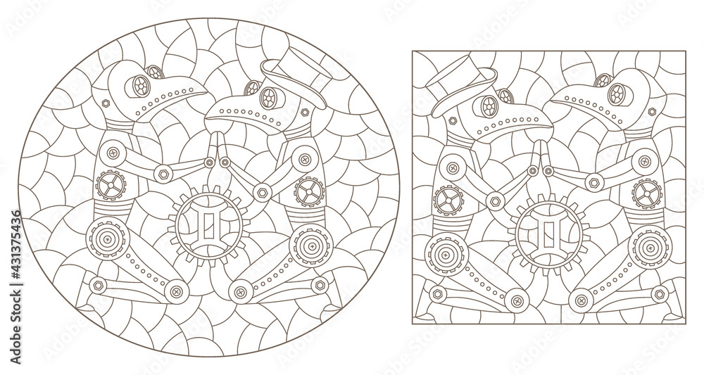 Set of contour illustrations in the style of stained glass with steam punk signs of the zodiac gemini, dark contours on a white background