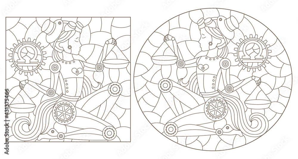 Set of contour illustrations in the style of stained glass with steam punk zodiac signs Libra, dark outlines on a white background