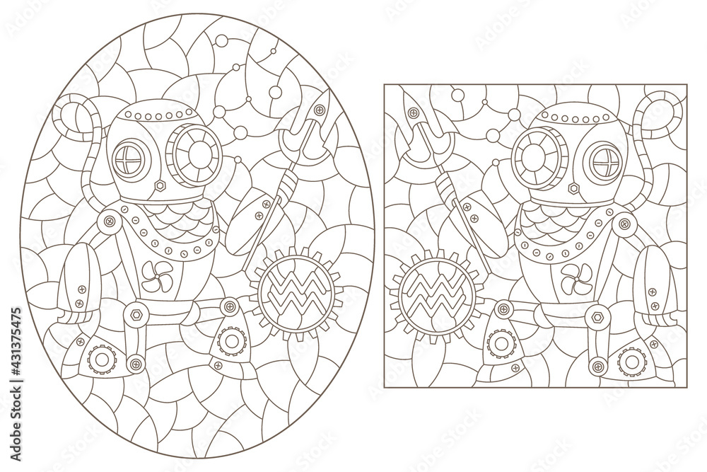 Obraz premium Set of contour illustrations in the style of stained glass with steam punk signs of the zodiac Sagittarius, dark contours on a white background