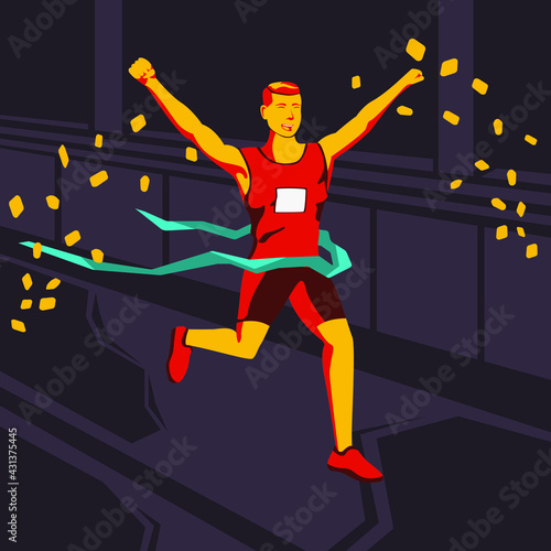 The lucky runner is the first to cross the finish line. Golden winner.