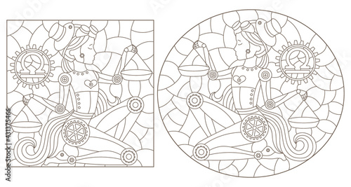 Set of contour illustrations in the style of stained glass with steam punk zodiac signs Libra, dark outlines on a white background