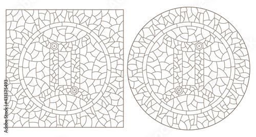 Set of contour illustrations in the style of stained glass with the signs of the zodiac gemini, dark contours on a white background