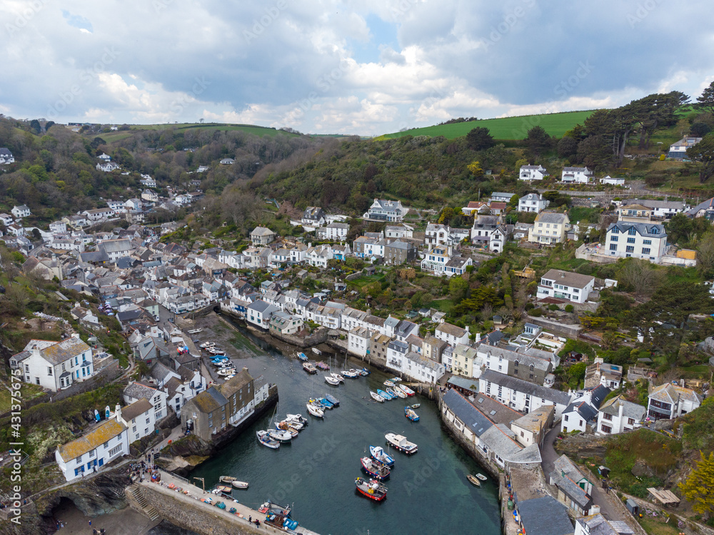 polperro harbour Cornwall England uk aerial drone polperro harbour Cornwall England uk aerial drone