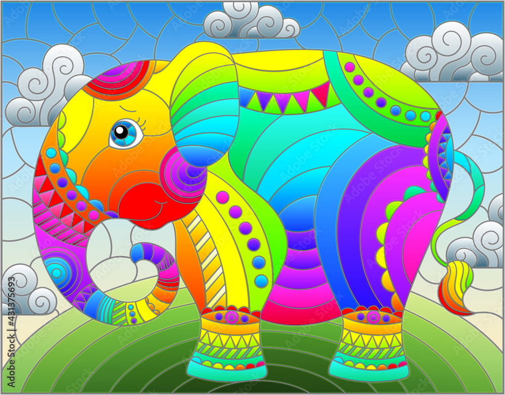 Illustration in stained glass style with abstract cute rainbow elephant on a blue sky background with clouds