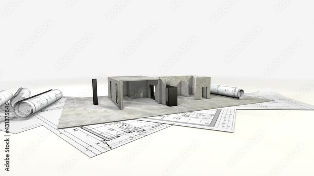time-lapse 3d animation. home construction showing the process from the blueprints to installation of the roof