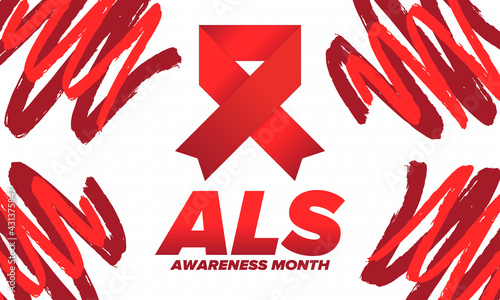 ALS Awareness Month. Amyotrophic lateral sclerosis. Annual campaign is held in May in United States. Control and protection. Prevention campaign. Medical health care concept. Vector illustration