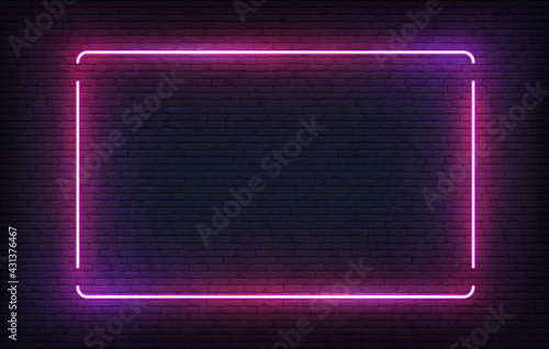 Neon frame. Purple light banner design template. Vector glowing rectangle signboard