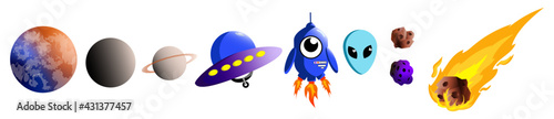children's illustrations on a space theme, spaceships, aliens, comet, planet, robot, asteroid, space, galaxy, rocket flying into space, alien ship