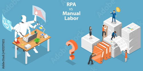 3D Isometric Flat Vector Conceptual Illustration of RPA vs Manual Labor