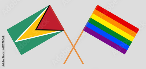 Crossed flags of Guyana and LGBTQ. Official colors. Correct proportion