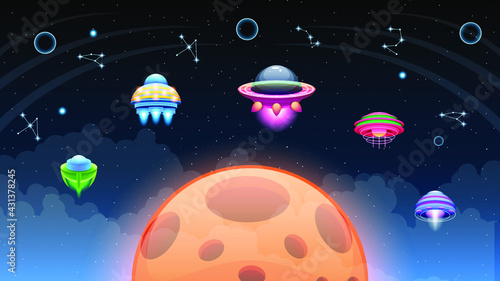 Abstract Aliens On Flying Saucers In Dark Space Constellations Planet Background Gradient Unidentified Flying Object Ufo Stars Vector Design Style