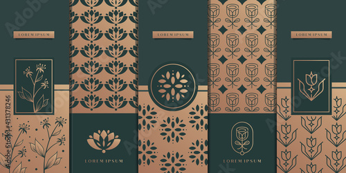 Luxury golden packaging logo design.flower,nature,floral,lotus,pattern. Premium Vector