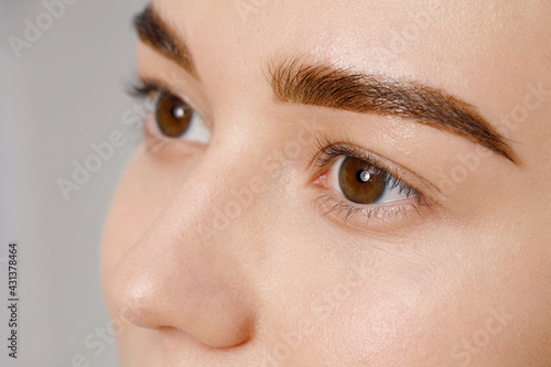 Close up view of beautiful female eyes with long natural lashes. Styling and lamination of natural eyebrows. Good vision, contact lenses. Eye health care.