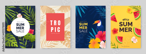 Summer poster collection. Poster designs with tropical leaves, plants and flowers. Season sale banners set. Ideal for party flyer, promo, invitation, print. Vector illustration.