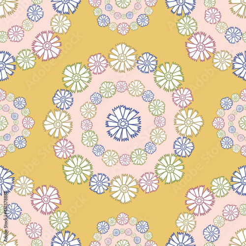 Vector seamless pattern colorful design of bright hand-drawn flowers in circles in pastel tones