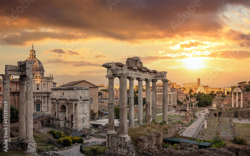 Roman Forum, Rome Italy. Ancient remains, cloudy sky at sunrise