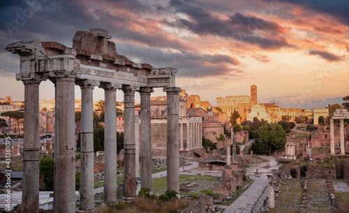 Roman Forum, Rome Italy. Ancient remains, cloudy sky at sunrise