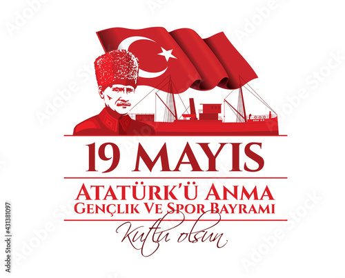 vector illustration. Milli Mucadelenin 102. Yil, 19 mayis Ataturk'u Anma, Genclik ve Spor Bayramiz , translation: 19 may Commemoration of Ataturk, Youth and Sports Day, 102th Year National Mucadelen