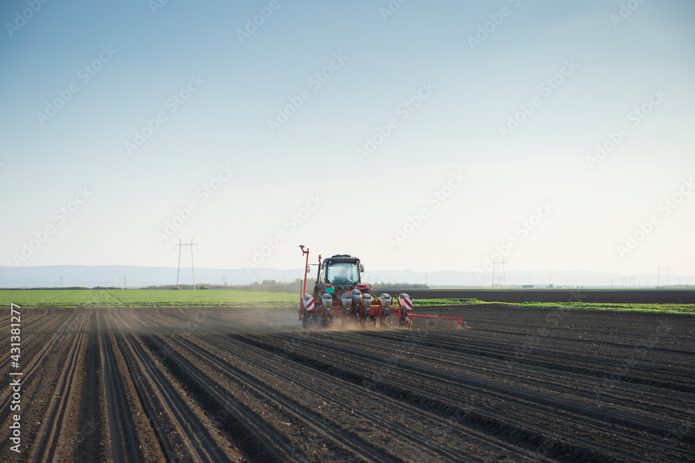 Obraz premium Sowing crops at agricultural fields in spring